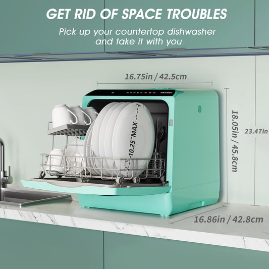 AIRMSEN Portable Countertop Dishwasher with 5 Wash Programs & Double Glass Door
