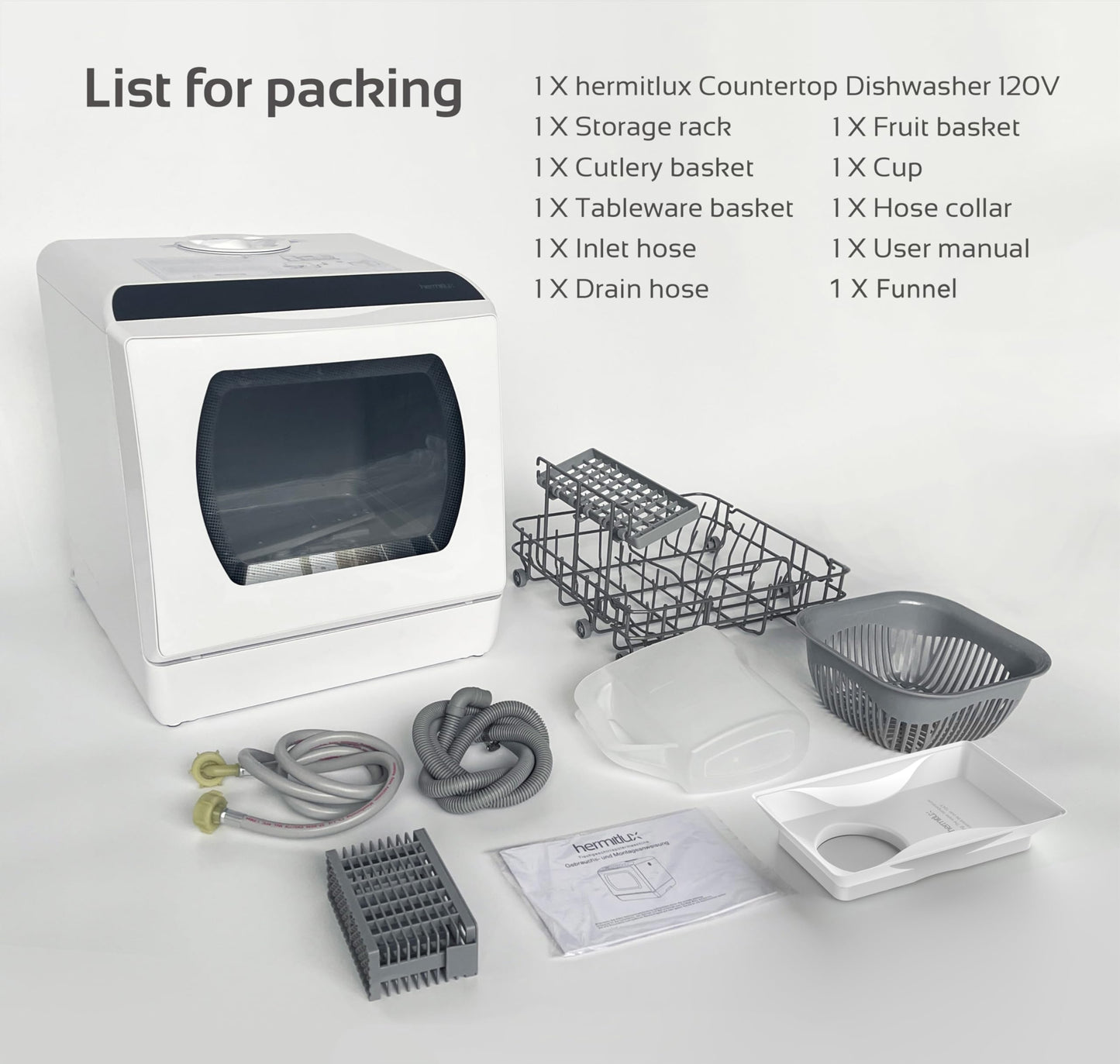 Hermitlux Countertop Dishwasher with 5 Washing Programs & 5L Built-In Water Tank