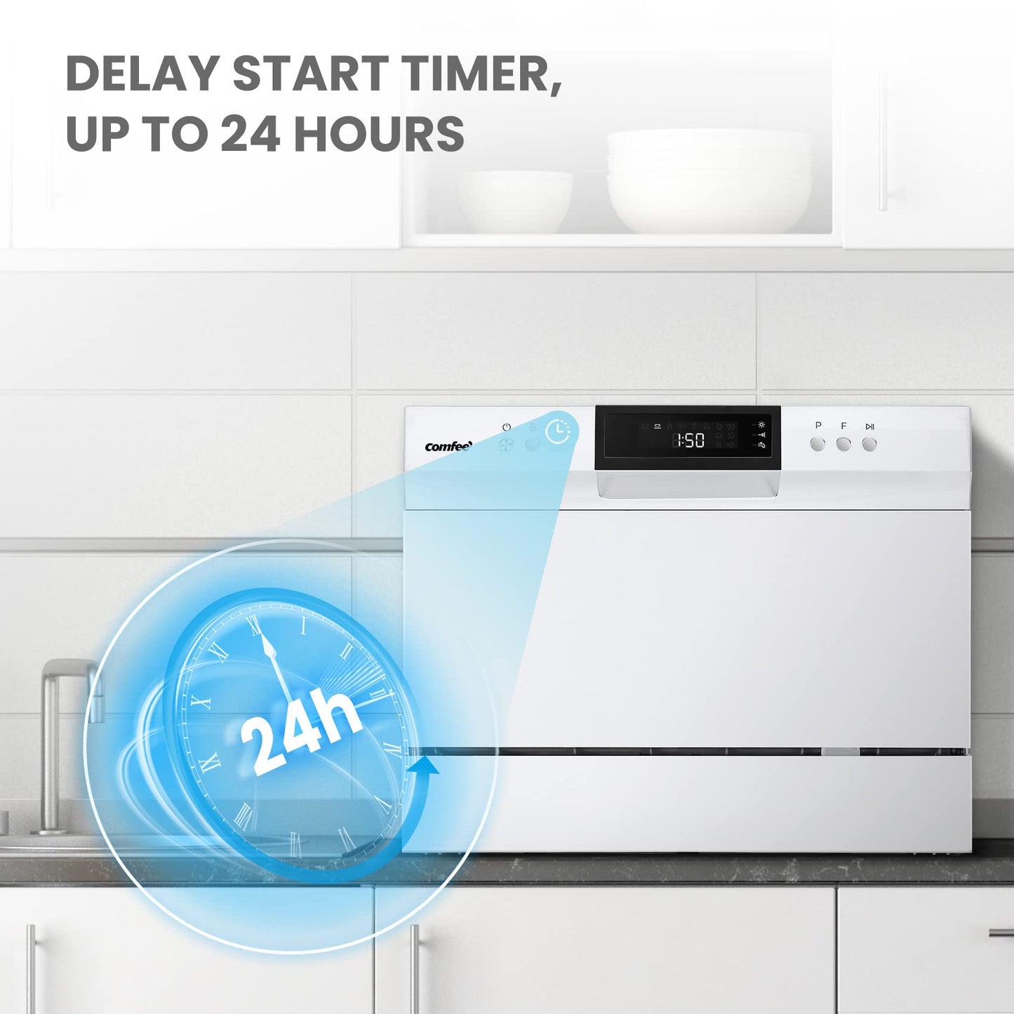 COMFEE Portable Countertop Dishwasher with 8 Wash Programs & 6 Place Settings - White