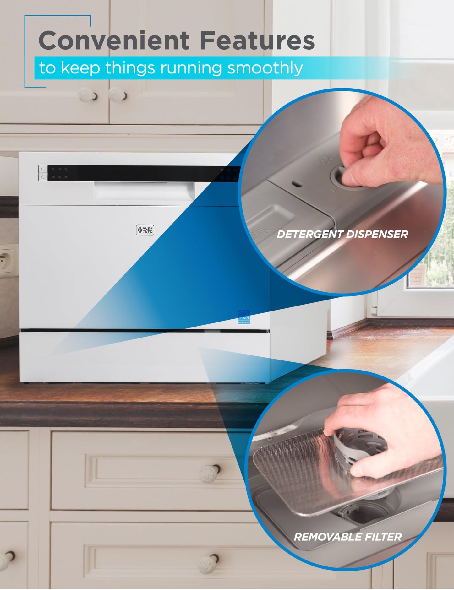 BLACK+DECKER Countertop Dishwasher with 6 Wash Programs & 6 Place Settings - White
