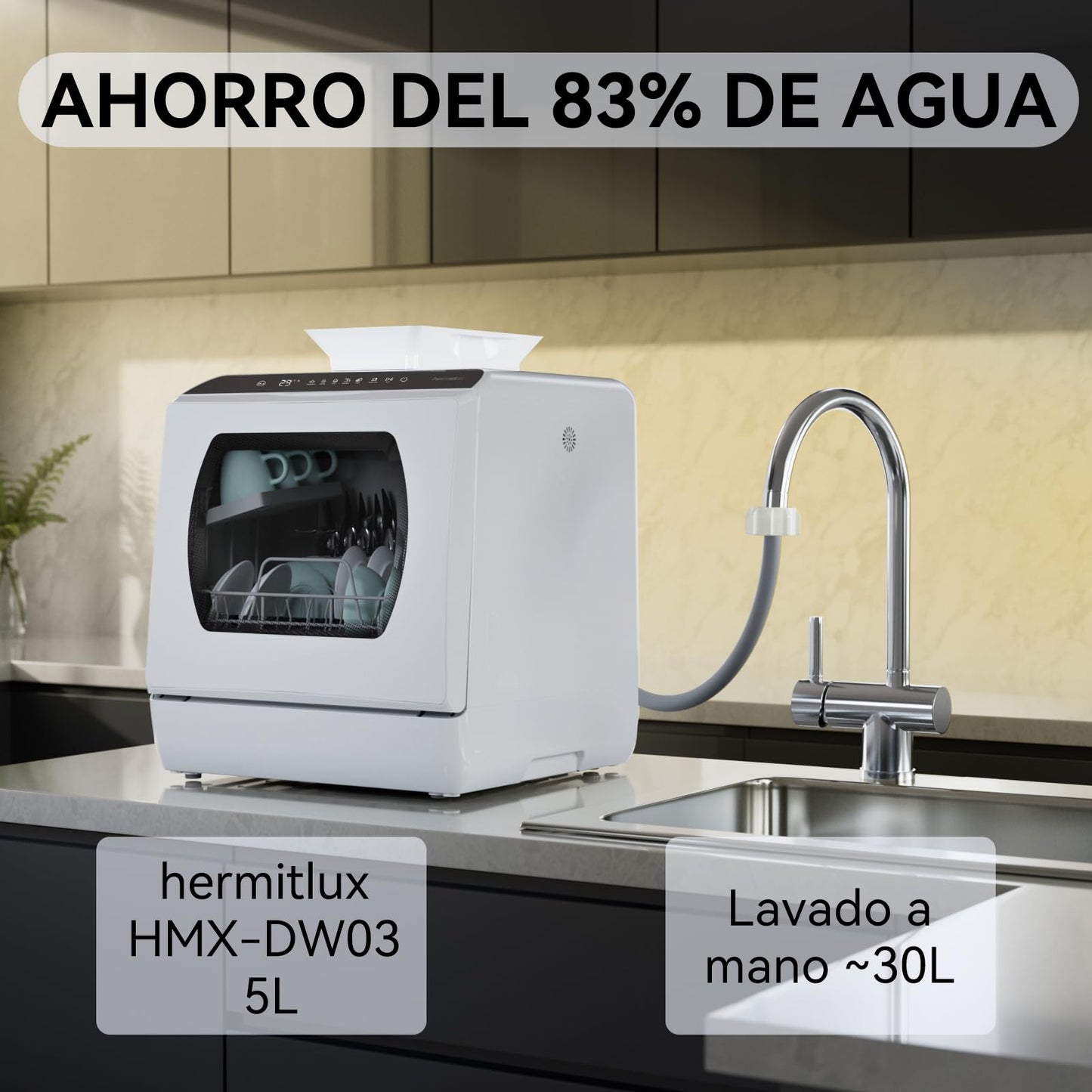 Hermitlux Countertop Dishwasher with 5 Washing Programs & 5L Built-In Water Tank