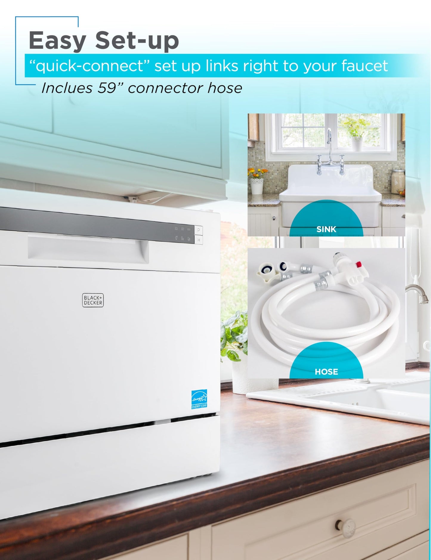 BLACK+DECKER Countertop Dishwasher with 6 Wash Programs & 6 Place Settings - White