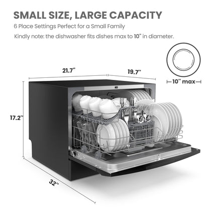 COMFEE Countertop Dishwasher with 8 Washing Programs & 6 Place Settings - Black