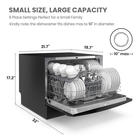 COMFEE Countertop Dishwasher with 8 Washing Programs & 6 Place Settings - Black