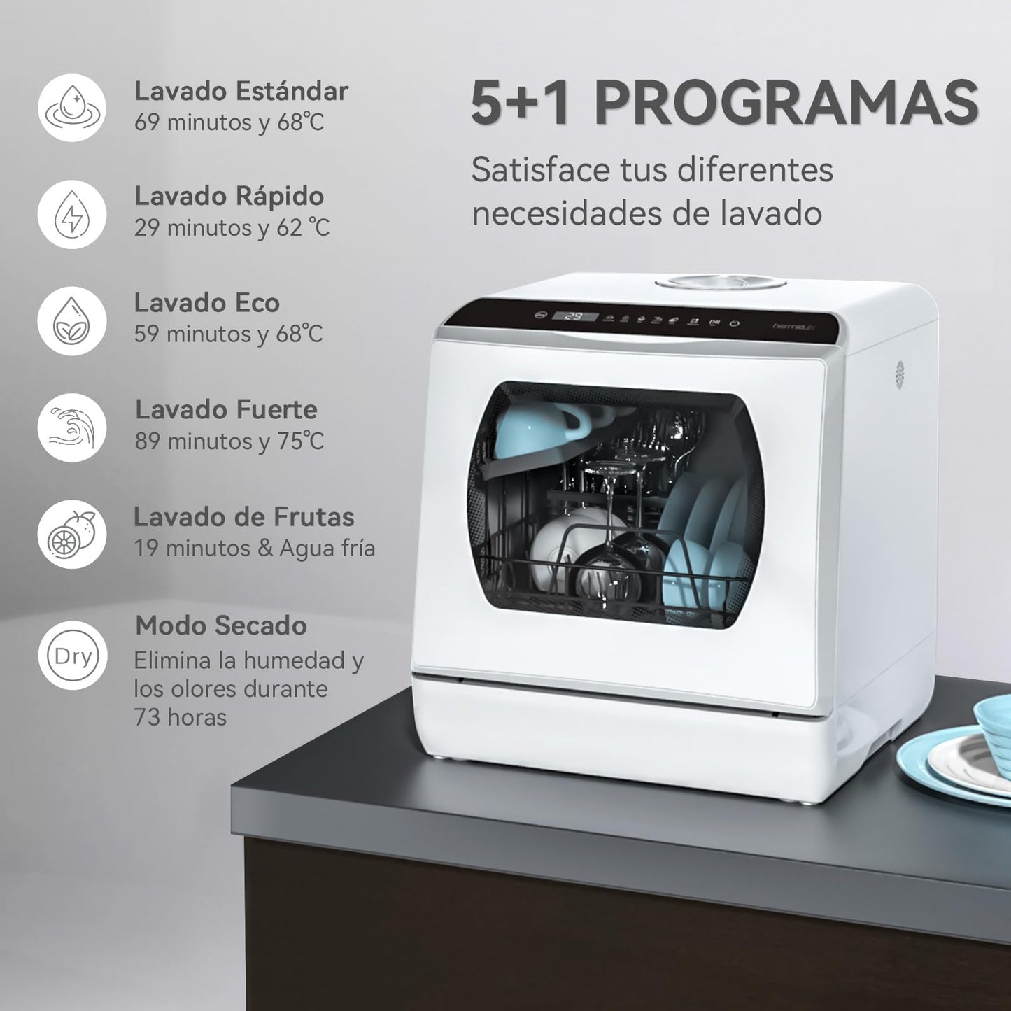 Hermitlux Countertop Dishwasher with 5 Washing Programs & 5L Built-In Water Tank