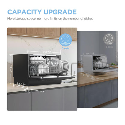 COMFEE Countertop Dishwasher with 8 Washing Programs & 6 Place Settings - Black