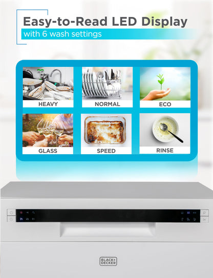 BLACK+DECKER Countertop Dishwasher with 6 Wash Programs & 6 Place Settings - White