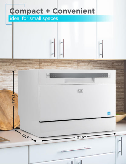 BLACK+DECKER Countertop Dishwasher with 6 Wash Programs & 6 Place Settings - White
