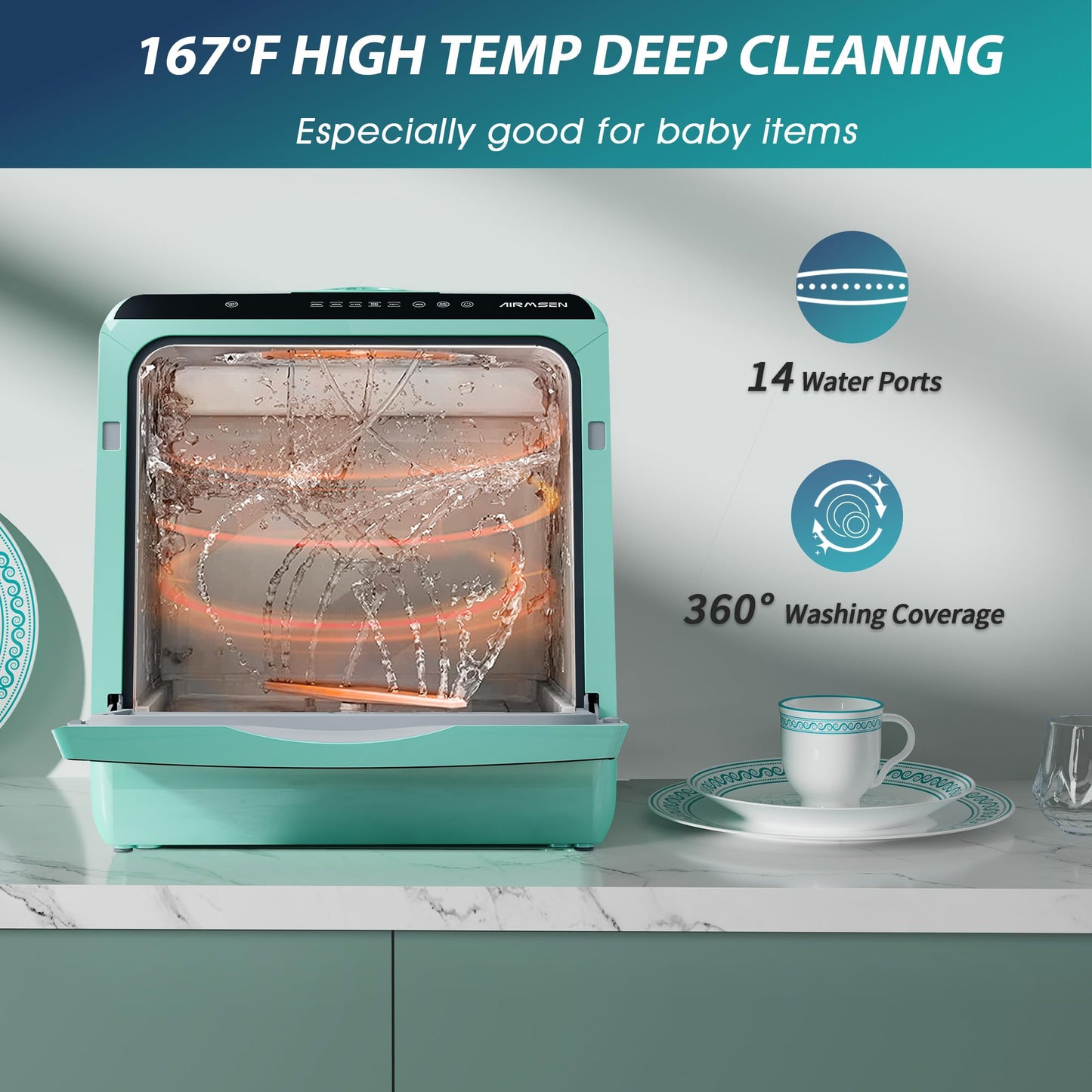 AIRMSEN Portable Countertop Dishwasher with 5 Wash Programs & Double Glass Door