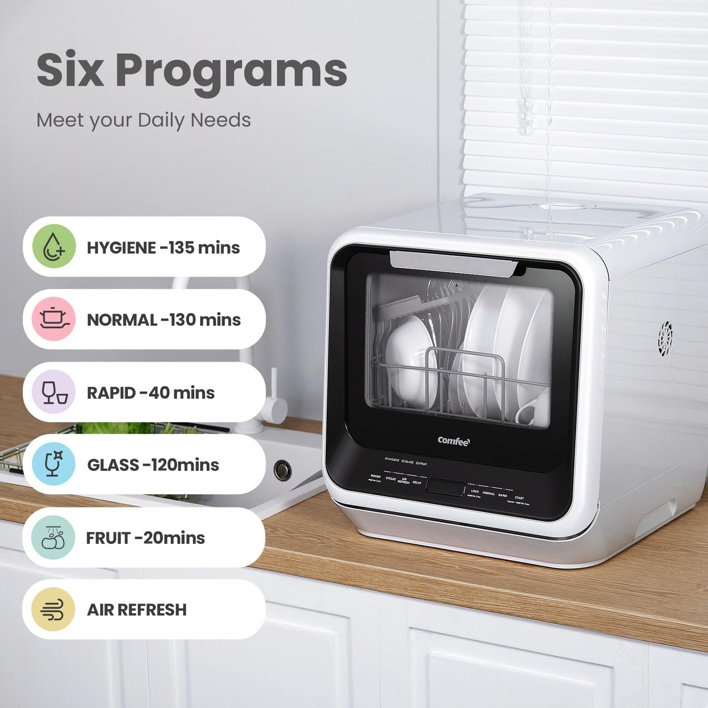 COMFEE Portable Mini Countertop Dishwasher with 6 Programs & Built-In Water Tank