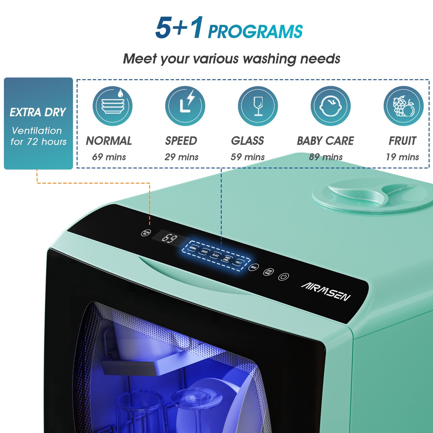 AIRMSEN Portable Countertop Dishwasher with 5 Wash Programs & Double Glass Door