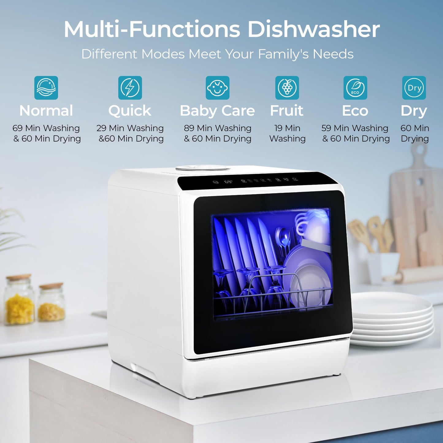 EUHOMY Portable Countertop Dishwasher with 5L Water Tank & 6 Wash Programs - Black