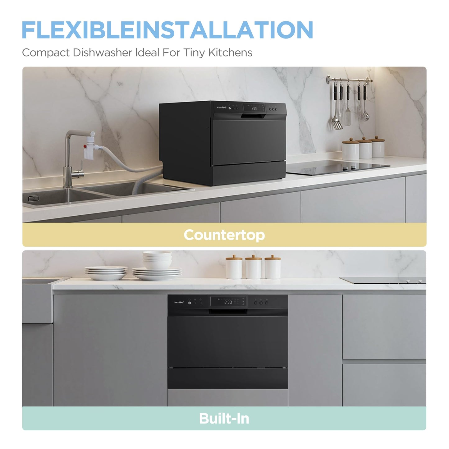 COMFEE Countertop Dishwasher with 8 Washing Programs & 6 Place Settings - Black