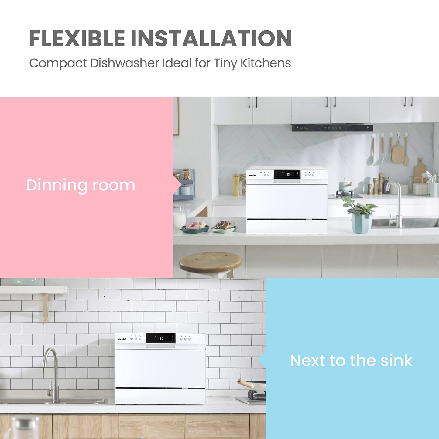 COMFEE Portable Countertop Dishwasher with 8 Wash Programs & 6 Place Settings - White