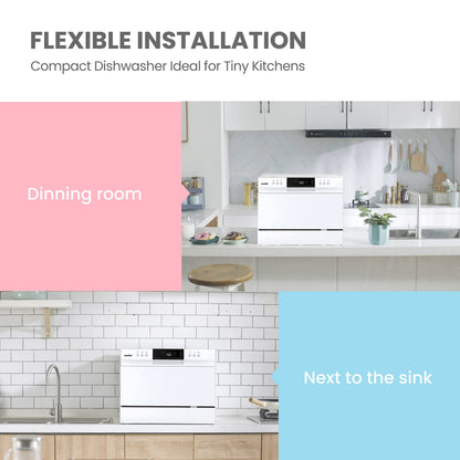 COMFEE Portable Countertop Dishwasher with 8 Wash Programs & 6 Place Settings - White