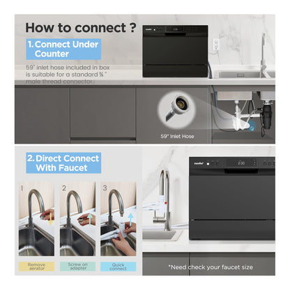 COMFEE Countertop Dishwasher with 8 Washing Programs & 6 Place Settings - Black