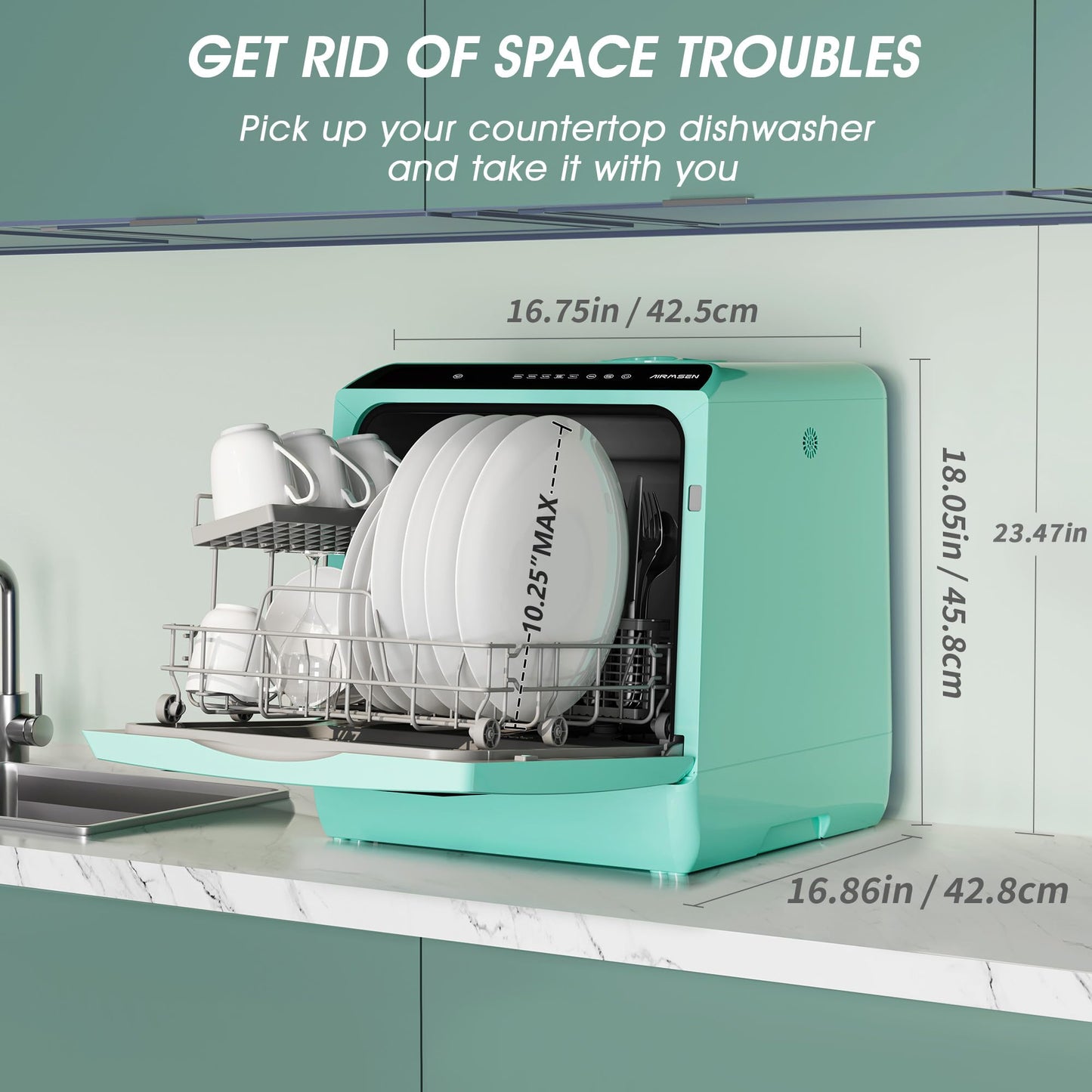 AIRMSEN Portable Countertop Dishwasher with 5 Wash Programs & Double Glass Door