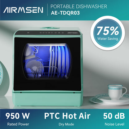 AIRMSEN Portable Countertop Dishwasher with 5 Wash Programs & Double Glass Door