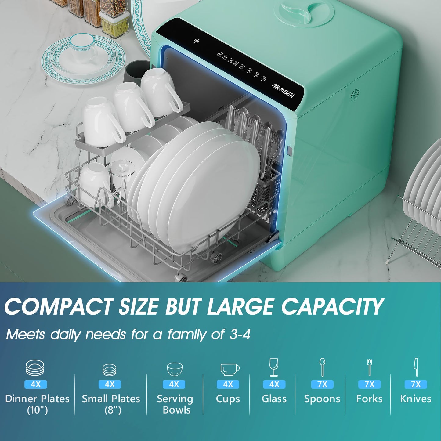 AIRMSEN Portable Countertop Dishwasher with 5 Wash Programs & Double Glass Door